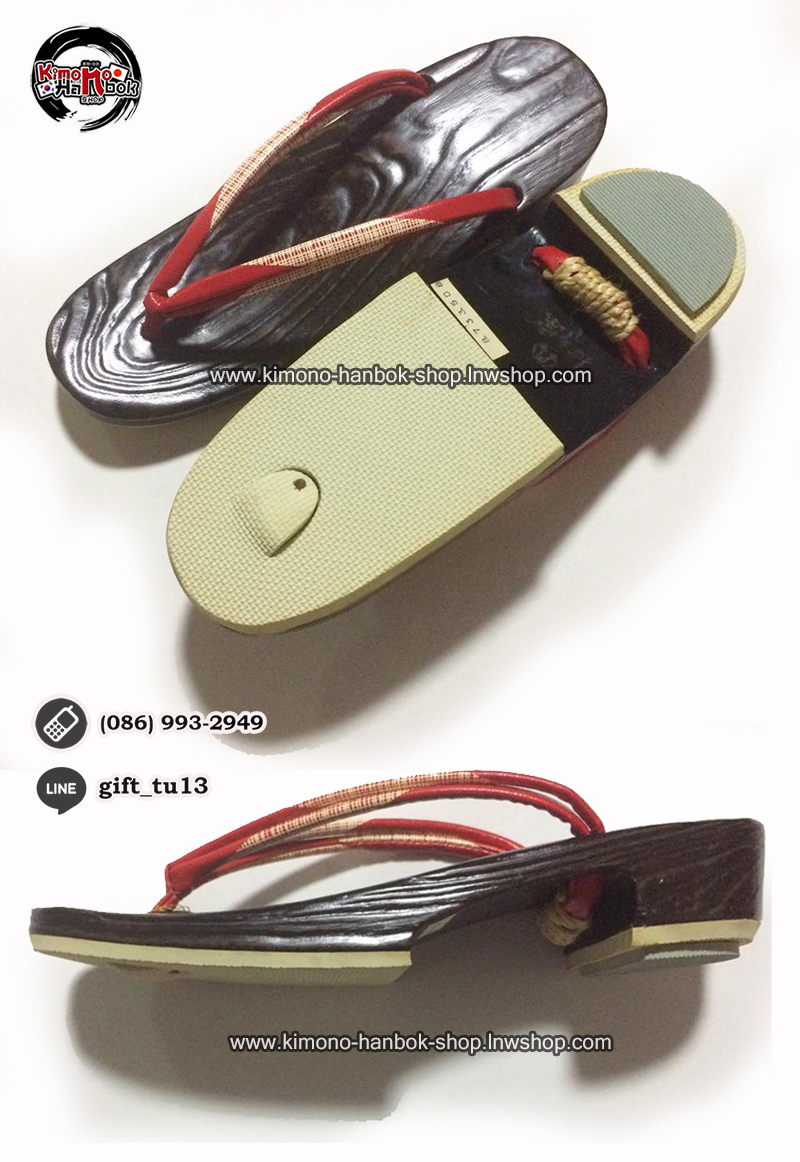รองเท้าเกี๊ยะไม้ญี่ปุ่น พื้นไม้สีเข้ม หูสีแดง Size23cm