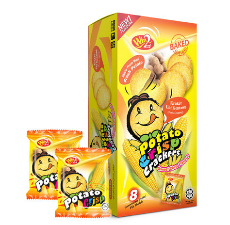 รสข้าวโพดหวาน (1 กล่อง 30 ซอง) ขนมแคร็กเกอร์มันฝรั่งบางกรอบ ปังยิ้มแลบลิ้น Win2 Potato Crackers Crisp อบใหม่จากมันฝรั่งแท้ รับรองฮาลาล เป็นมิตรกับมังสวิรัต