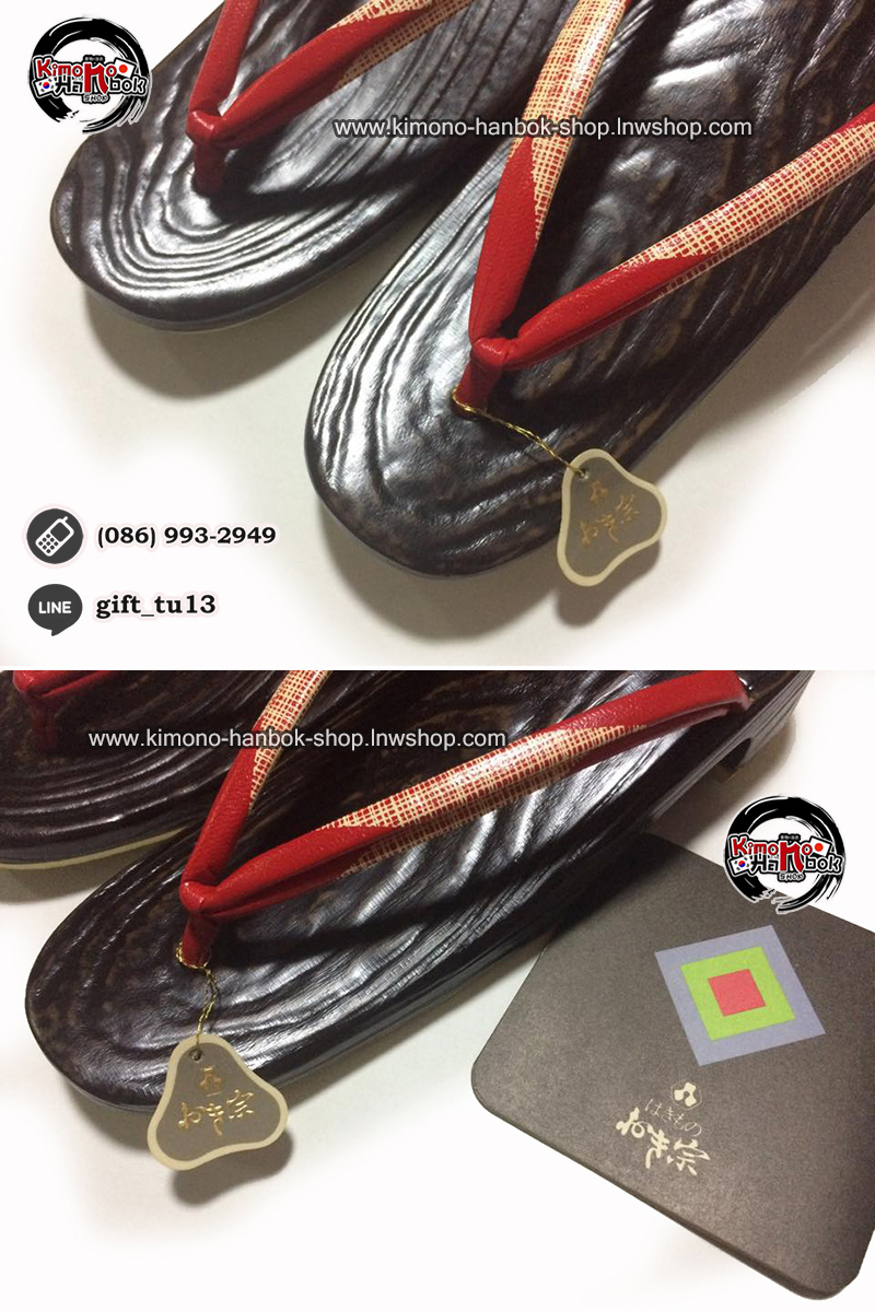 รองเท้าเกี๊ยะไม้ญี่ปุ่น พื้นไม้สีเข้ม หูสีแดง Size23cm