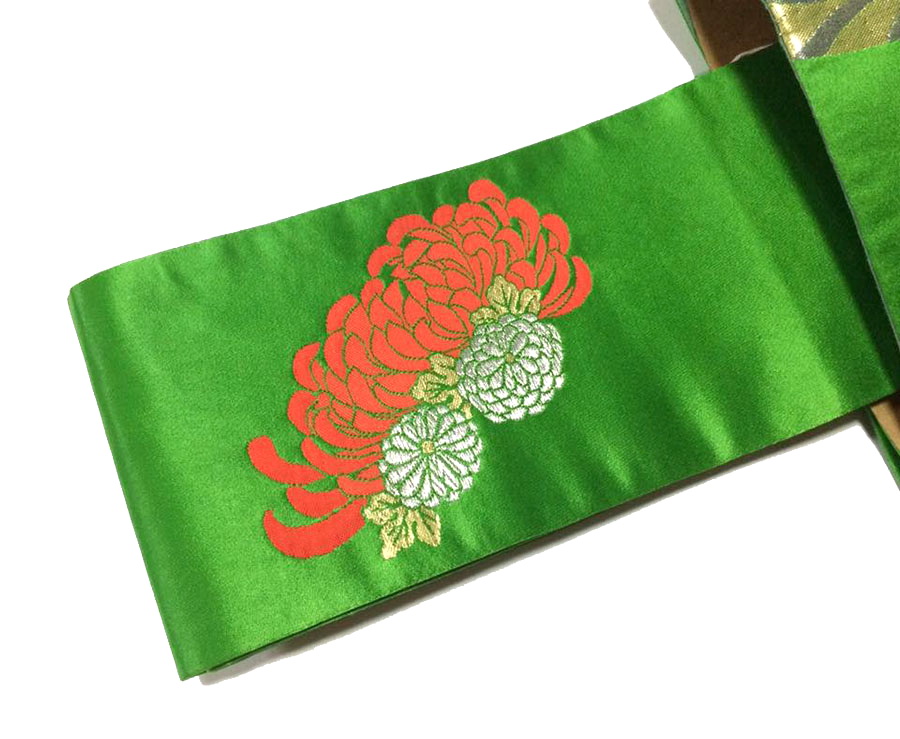 โอบิสำเร็จทรงหมอนสีเขียว ผ้าไหมแท้ มือ1