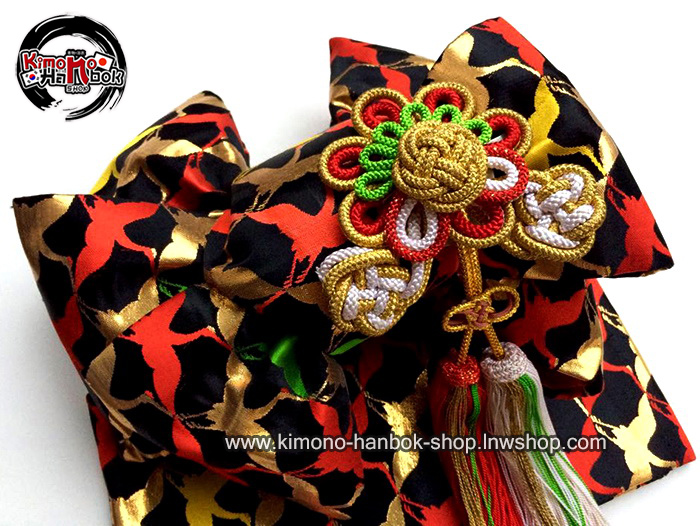 โอบิผ้าทอโบว์สำเหร็จอันใหญ่(s-M)ลายนกกระเรียนสีดำ