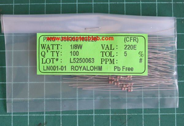 100x ตัวต้านทาน 220 Ohm 1/8 Watt 5% แบบคาร์บอน (100 ตัวต่อชุด)