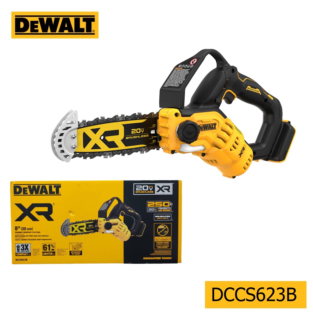 DEWALT เลื่อยโซ่มือเดียวไร้สาย 20V Max บาร์ 8 นิ้ว เฉพาะตัวเครื่อง มอเตอร์ไร้แปรงถ่าน รุ่น DCCS623B