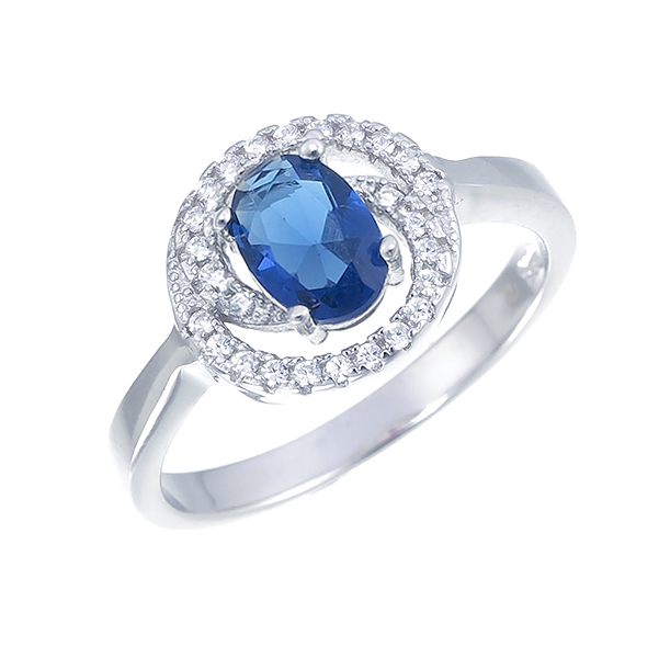 แหวนทองคำขาว ประดับเพชร CZ แหวนประดับพลอยรูปทรงไข่สีน้ำเงิน ล้อมรอบเพชรกลมขาว ดีไซน์ความสวยระดับไฮโซ แหวนดูเลอค่าเปล่งประกายเจิดจรัส แวววับงามจับใจ