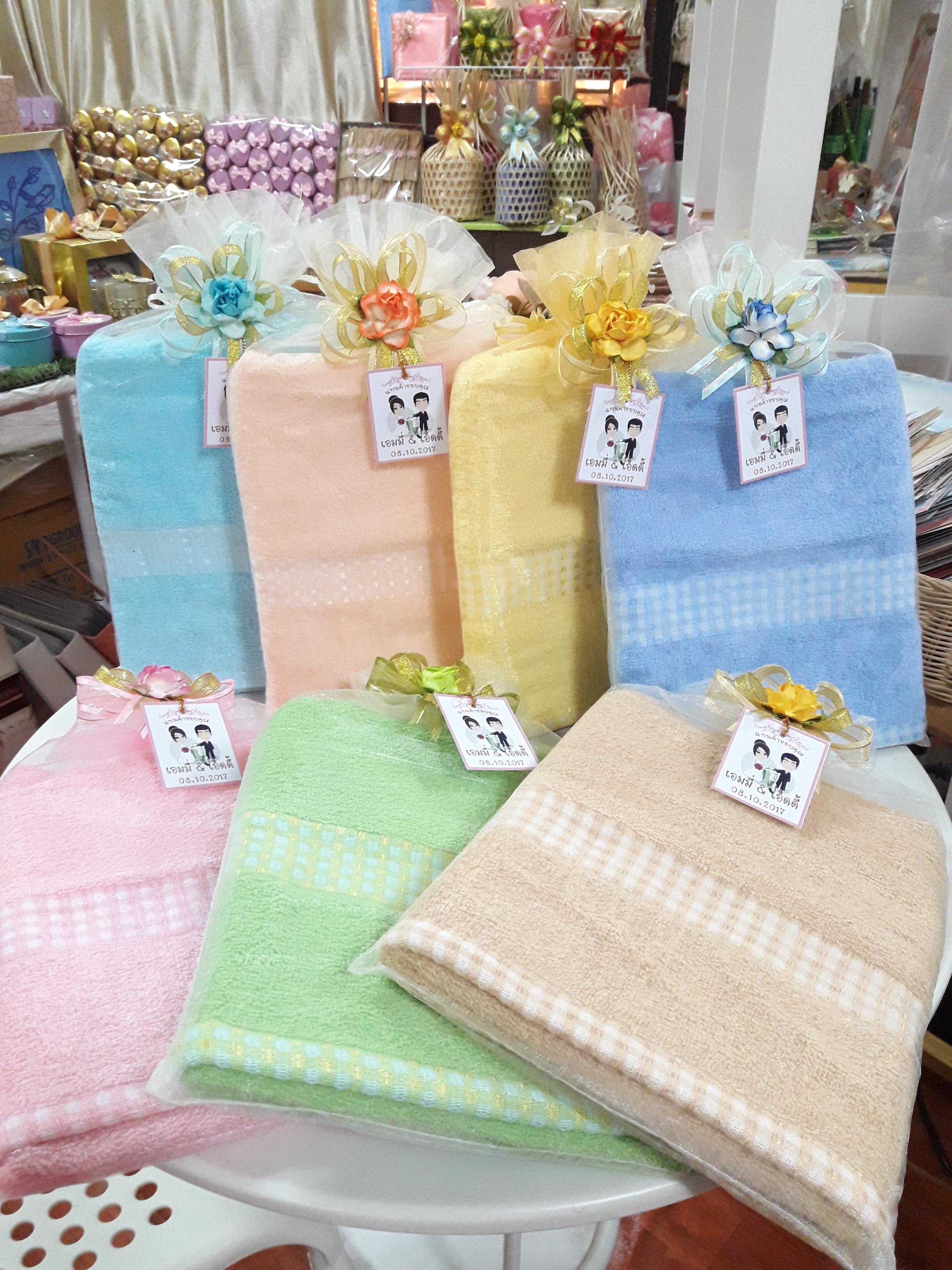 ผ้าเช็ดผมรับไหว้ ขนาด 15x30 cm. แพคเกจถุงผ้าแก้ว
