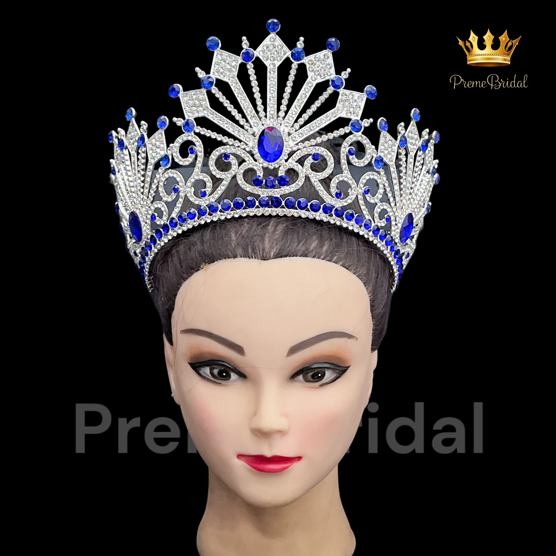 (พร้อมส่ง) เทียร่า 417 สีน้ำเงิน มงกุฎนางงาม ครึ่งหัว งานสวย ปราณีต QCเพชรทุกเม็ด สินค้าพร้อมส่งจากไทย