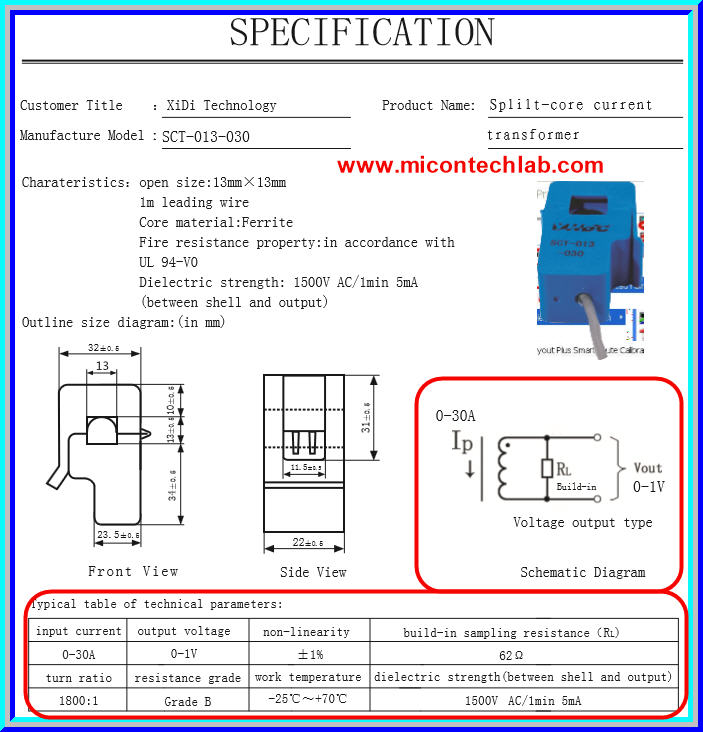 1x เซ็นเซอร์หม้อแปลงวัดกระแส SCT-013-030 CT 0-30A to 0-1V (Current Transformer Sensor)