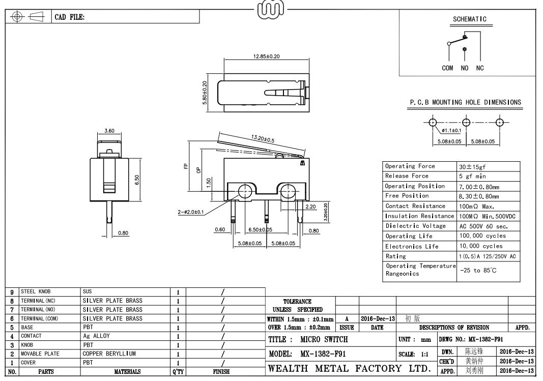1x ไมโครลิมิตสวิตซ์ 1A 125VAC NO/NC 1P2T( Micro Limit Switch)