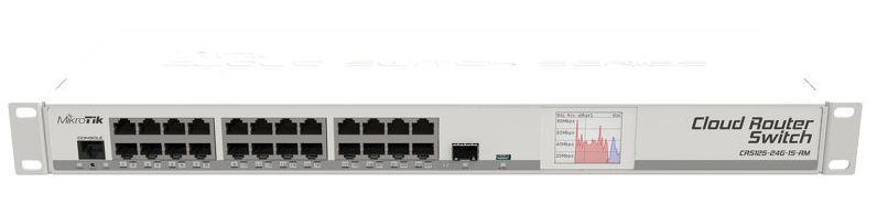 CRS125-24G-1S-RM 24x Gigabit Ethernet layer 3 Smart Switch, 1x SFP cage, LCD, 600MHz CPU, 128MB RAM, 1U rackmount, RouterOS L5