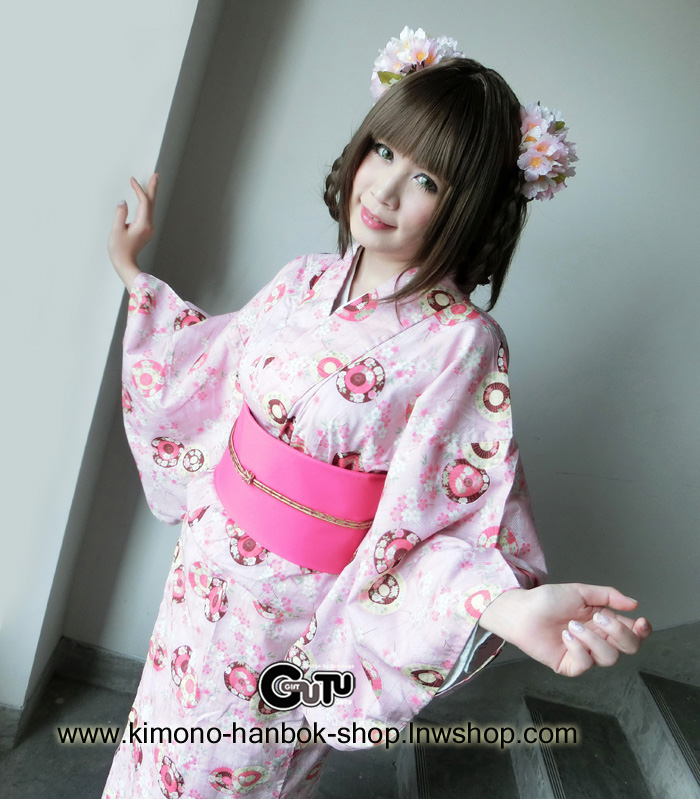 set.ยูกาตะ สีชมพู ลายร่มญี่ปุ่นดอกซากุระ