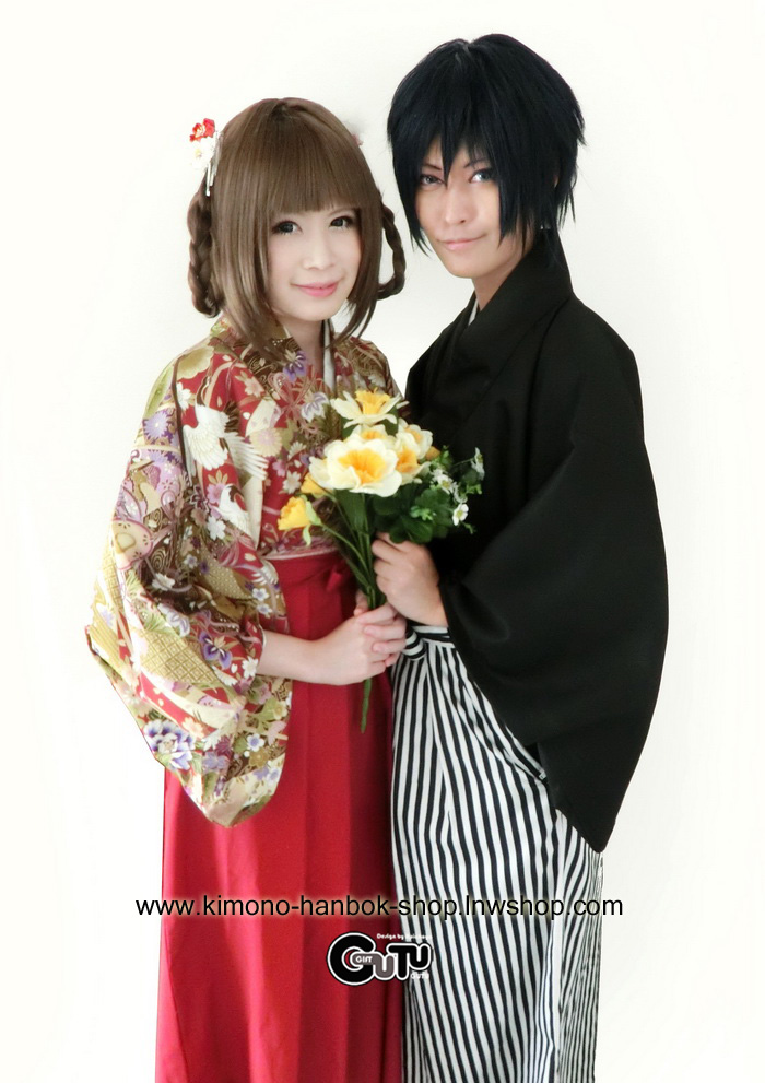 Set. กิโมโน(หน้าร้อน)ชาย+ฮากามะ สีขาว-ดำ