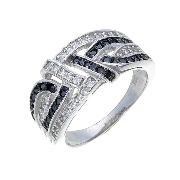 แหวนเพชร ประดับ เพชรCZ ทรงลายเส้นพันสลับตัดลาย ฝังเพชรกลมดำสลับเพชรกลมขาว เพิ่มความเก๋ไก่ ให้ลุคคลาสสิค