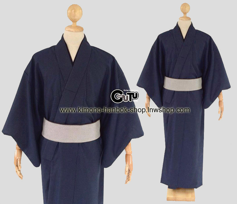 set.กิโมโนชาย สีกรม(น้ำเงินเข้ม)001+ โอบิแบบสำเหร็จชาย(สีขาวพื้น)