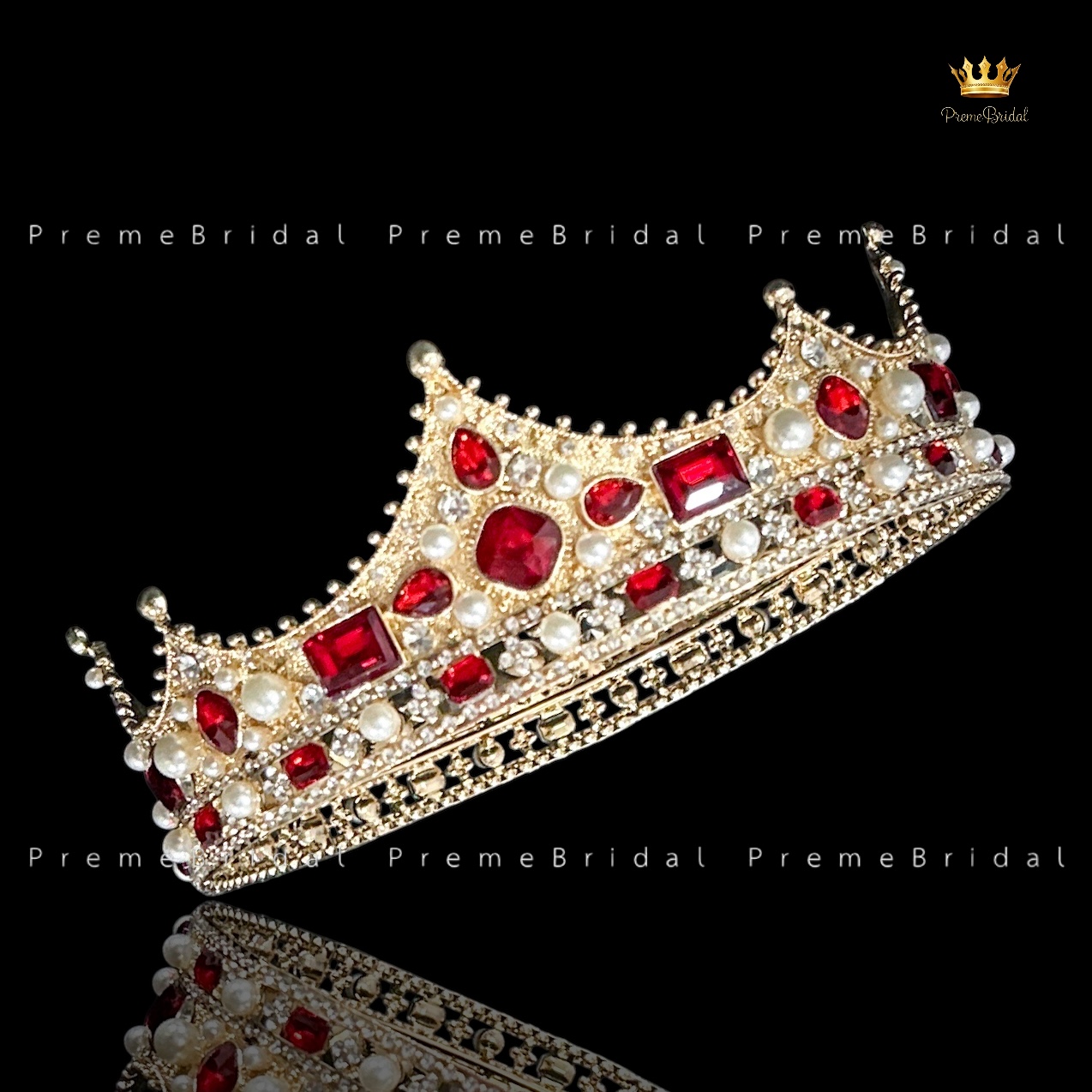 (พร้อมส่ง) มงกุฏผู้ชาย 035 สีทองเพชรแดง มงกุฎผู้ชาย มงกุฎเจ้าชาย งานสวย ปราณีต QCเพชรทุกเม็ด