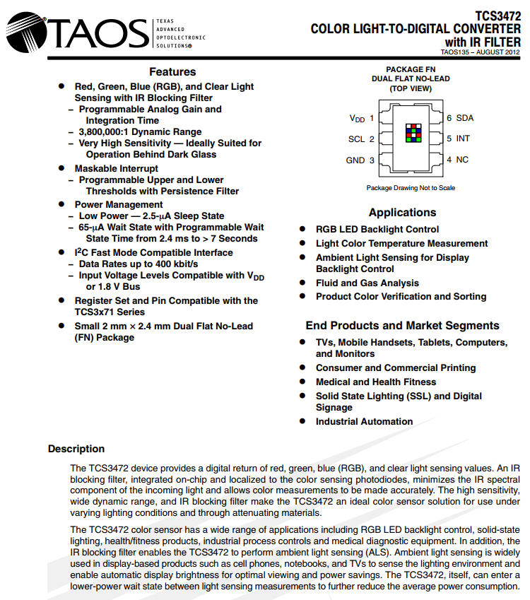 1x เซ็นเซอร์ตรวจวัดสี RGB TCS34725 (RGB Color Sensor)