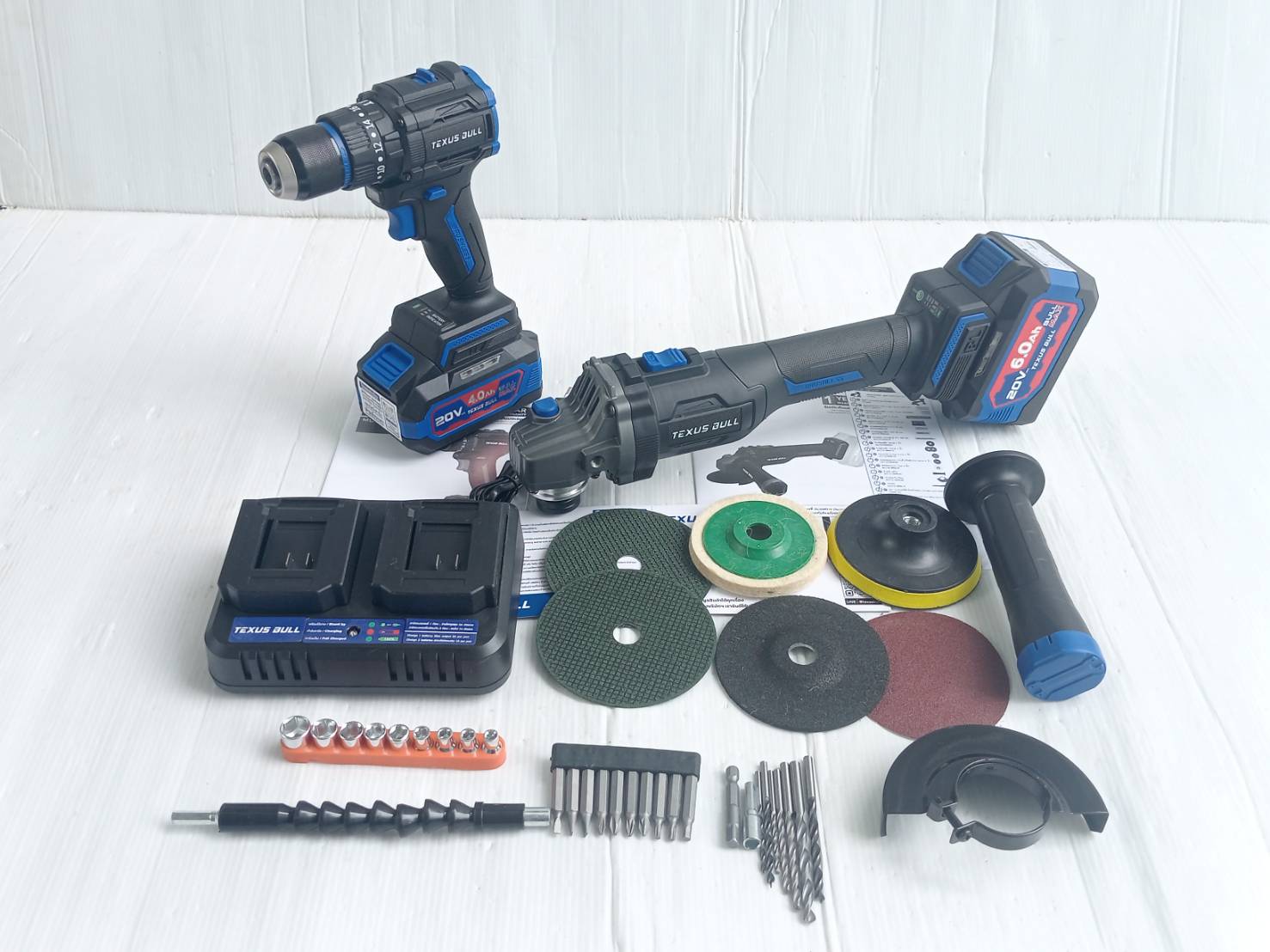 TEXUS BULL รุ่น TX-8241 ชุดสว่านกระแทกและเจียรมือไร้สาย 20V. พร้อมแบตเตอรี่ x4.0/6.0Ah