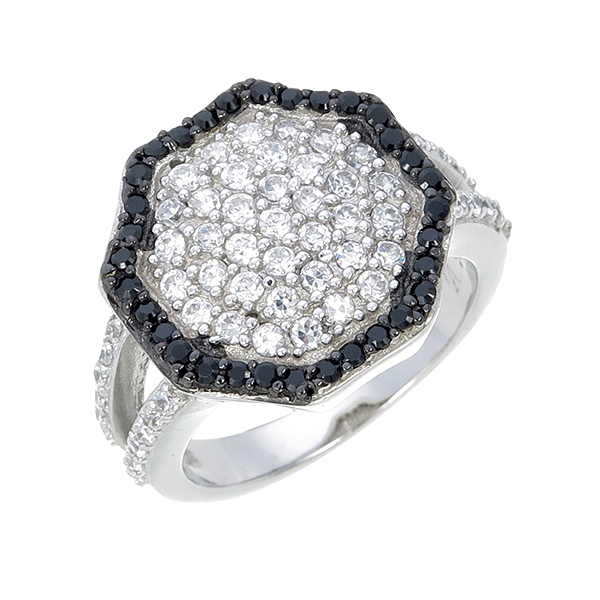 แหวนเพชร ประดับ เพชรCZ แหวนทรง 8 เหลี่ยม ฝังเพชรกลมขาวล้อมรอบเพชรกลมดำ ช่วงบ่าฉลุประดับเพชรแถว 2 แถว คลาสสิค เพิ่มลุคเก่ๆสวยงามยามสวมใส่