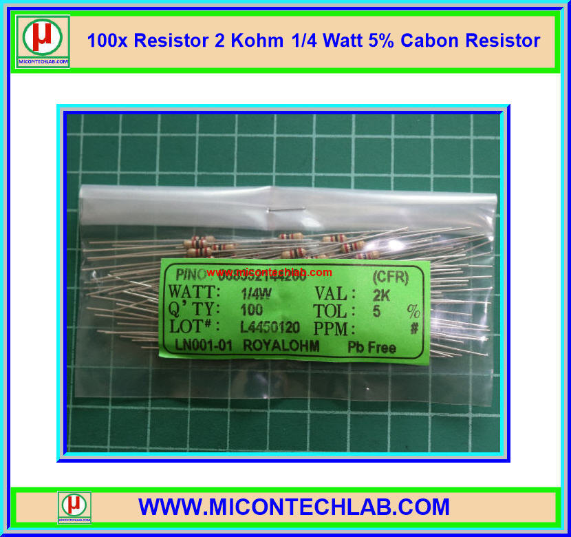 100x Resistor 2 Kohm 1/4 Watt 5% Cabon Resistor