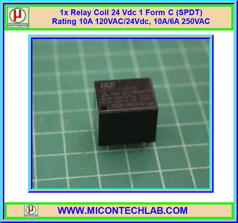 1x Relay Coil 24 Vdc 1 Form C (SPDT) Rating 10A 120VAC/24Vdc, 10A/6A 250VAC