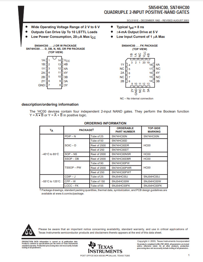 1x SN74HC00N ไอซีแนนเกท NAND-GATE ยี่ห้อ TEXAS INSTRUMENTS