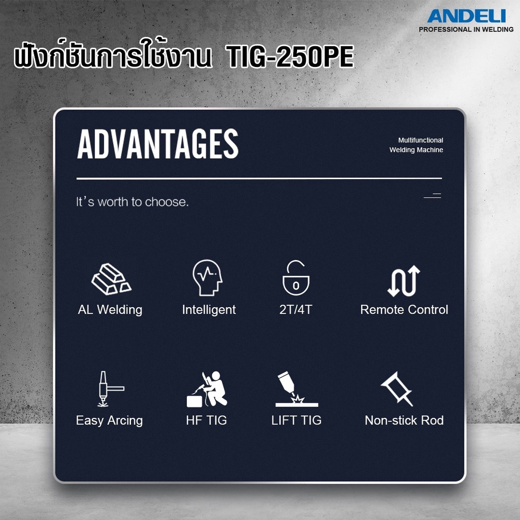 เครื่องเชื่อมอลูมิเนียม กระแสACDC ระบบ 3 in 1 TIG-250PE ANDELI
