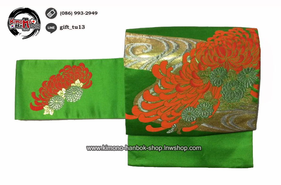 โอบิสำเร็จทรงหมอนสีเขียว ผ้าไหมแท้ มือ1