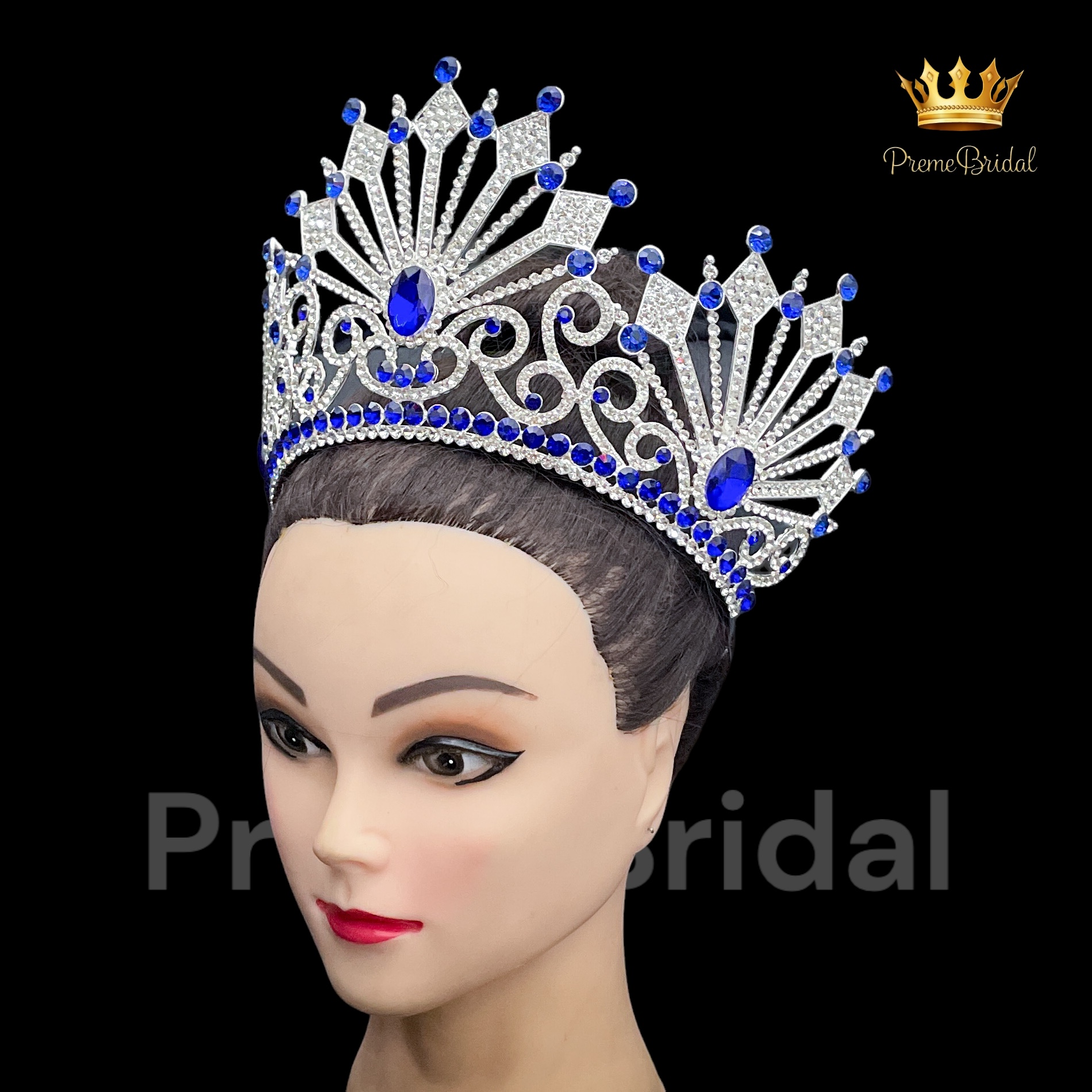 (พร้อมส่ง) เทียร่า 417 สีน้ำเงิน มงกุฎนางงาม ครึ่งหัว งานสวย ปราณีต QCเพชรทุกเม็ด สินค้าพร้อมส่งจากไทย