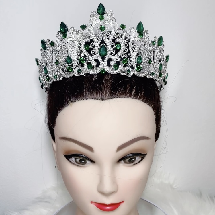 (พร้อมส่งจากไทย) มงกุฏ 114 สีเขียว มงกุฎนางงาม มงกุฎเพชร สวยงามอลังการ ฐานมงวงกลมปรับได้