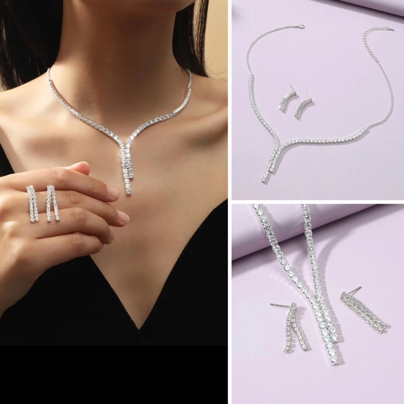 (พร้อมส่ง) สร้อยคอเพชร+ต่างหูแบบเข็ม 006 สร้อยคอเจ้าสาว สร้อยคอใส่ออกงาน สวยหรูดูแพง