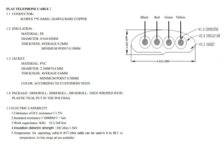 1x สายไฟโทรศัพท์สายแบน 4 เส้นใน AWG26 ยาว 1 เมตร