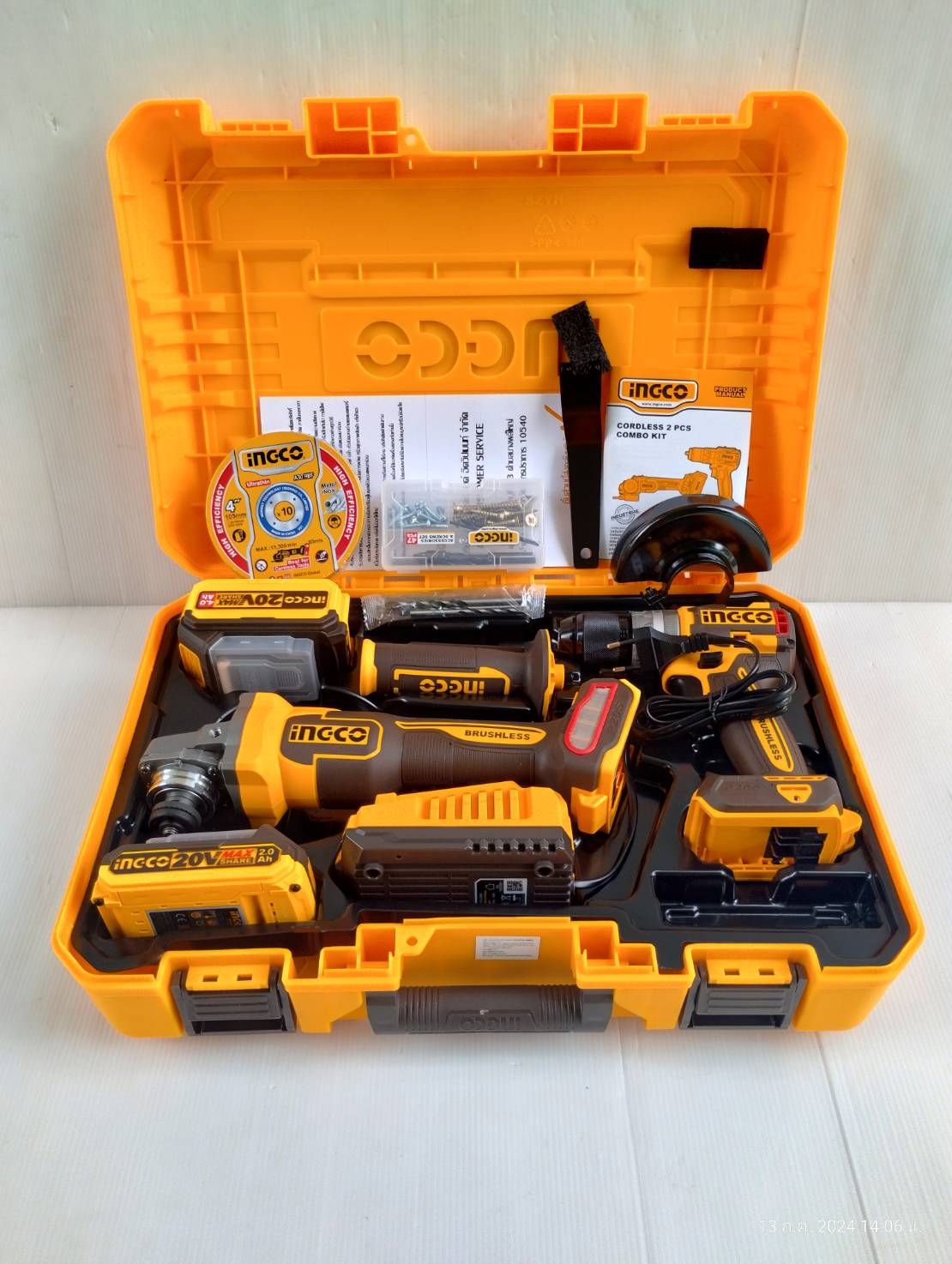 ชุดสว่านกระแทกไร้สาย+เครื่องเจียรแบตเตอรี่ 4นิ้ว รุ่น CKLI2027310 INGCO