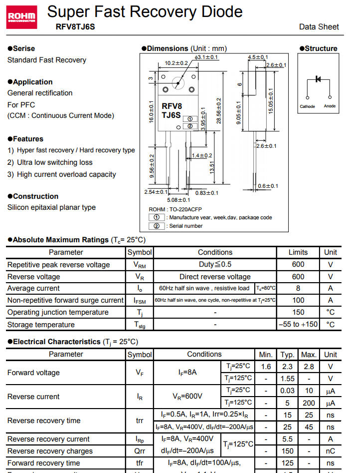 1x ไอโอด RFV8TJ6S Super Fast Recovery 600/8A Diode