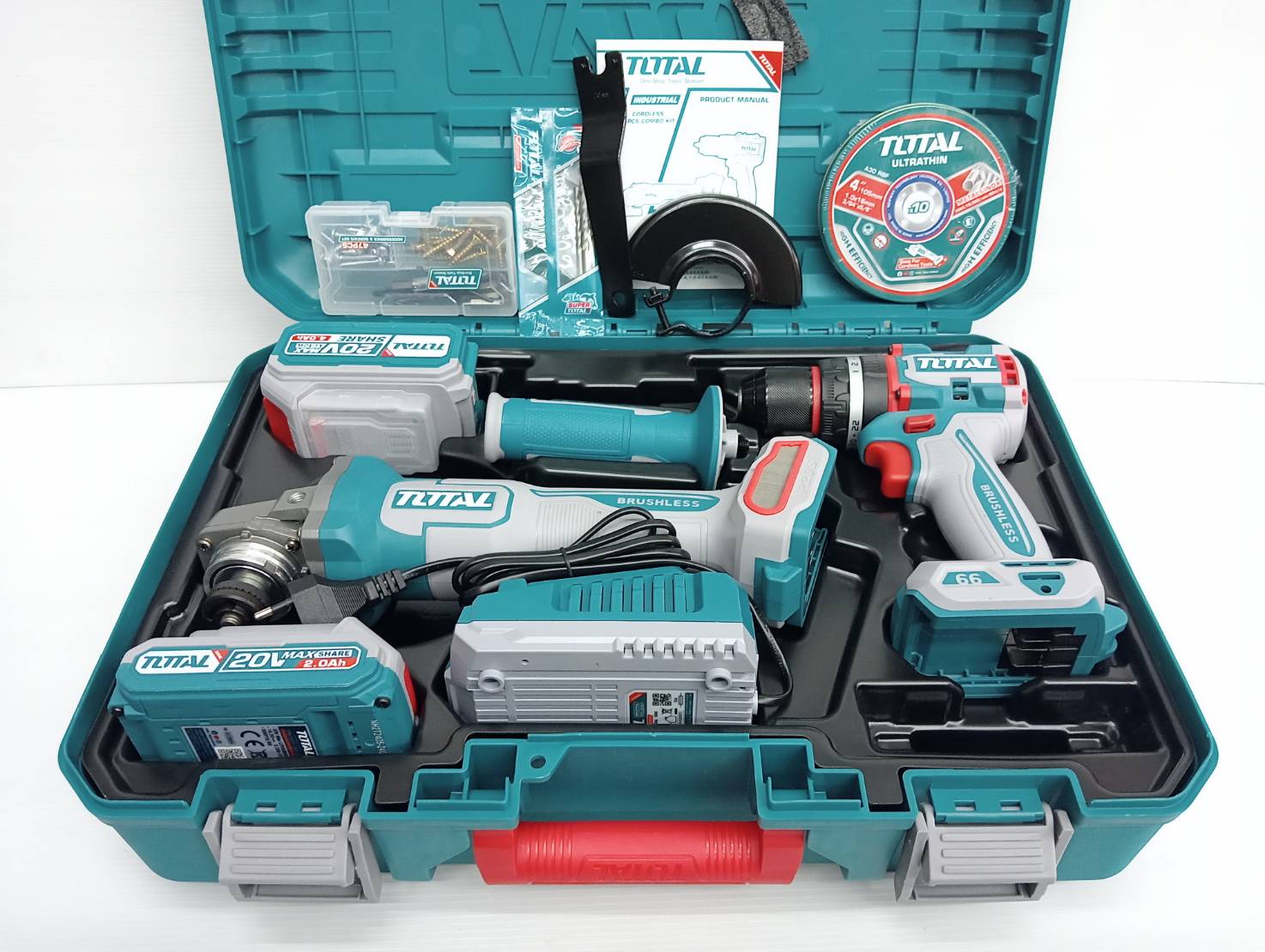TOTAL Combo Set 46 สว่านกระแทก ไร้สาย 66N + เครื่องเจียร์ ไร้สาย 20V BL motor TCKLI2027310