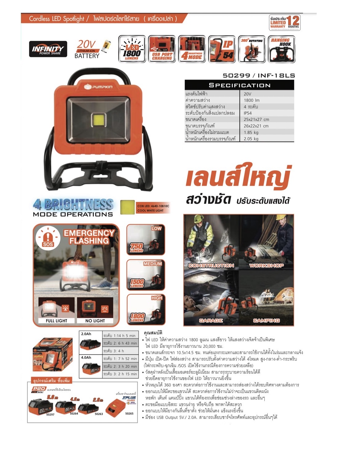 ไฟสปอร์ตไลท์20V INF-18LS PUMPKIN