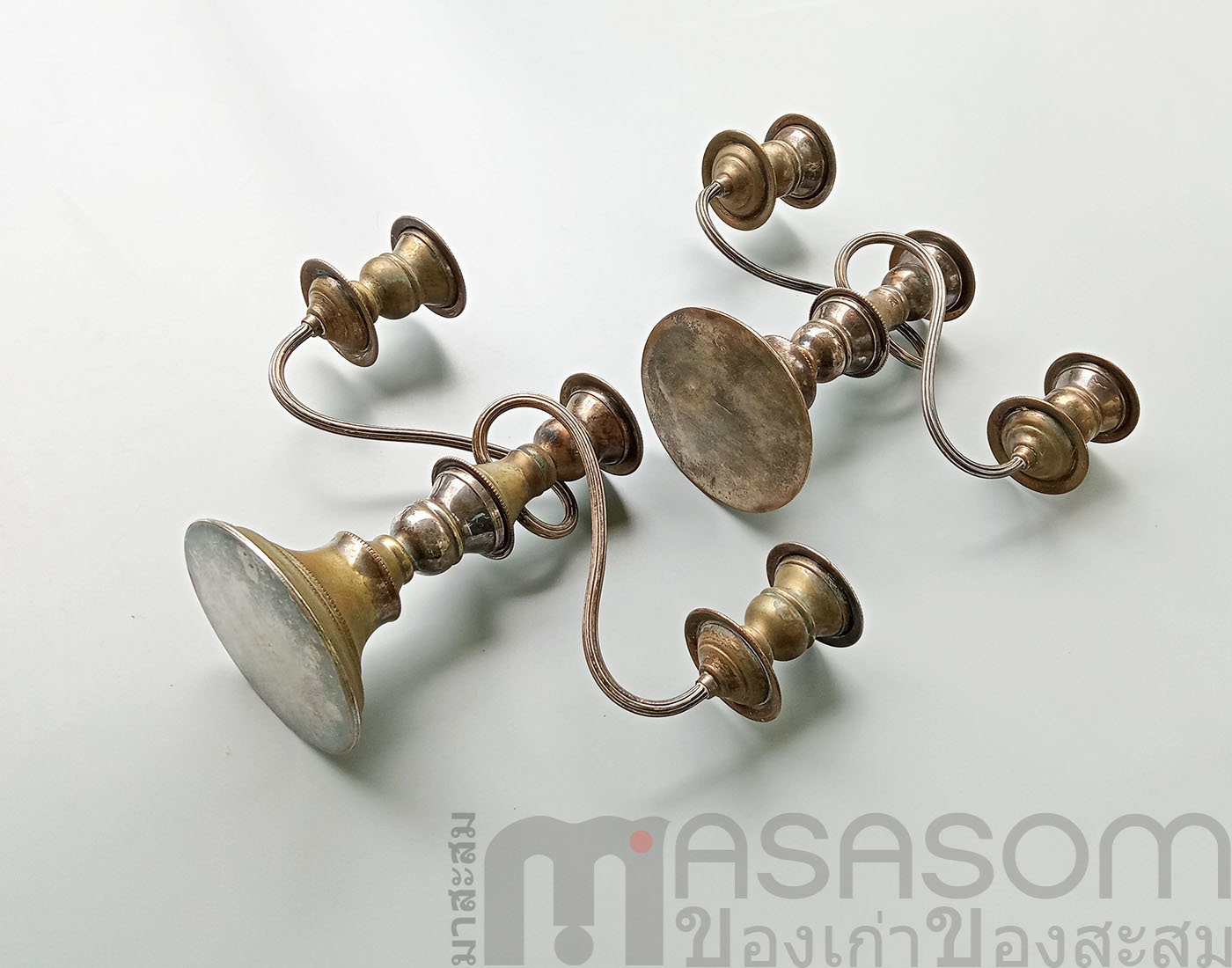 เชิงเทียนทองแดงกะไหล่เงิน