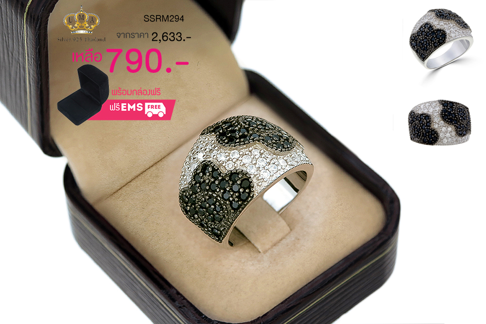 แหวนเพชร ประดับ เพชรCZ หน้าแหวนทรงใหญ่ฝังเพชรกลมขาว ตัวเรือนเงินแท้100% (เงินแท้92.5%) เพิ่มดีเทลลายดอกไม้ฝังเพชรกลมดำ งานสวยหรูหรา ดีไซน์ใหญ่อลังการ