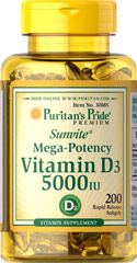 ผลิตภัณฑ์อาหารเสริม Puritan's Pride Vitamin D3 5000 IU / 200 Softgels
