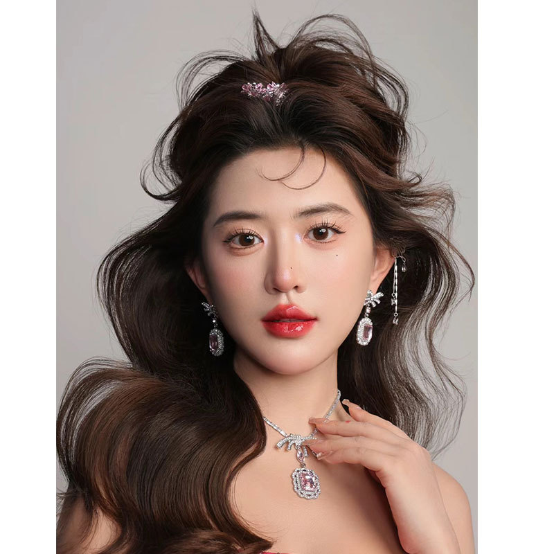 (พร้อมส่ง) สร้อยคอเพชร+ต่างหูแบบเข็ม 015 ใส่ออกงาน สวยหรูดูแพง โบว์สีชมพูหวานมาก