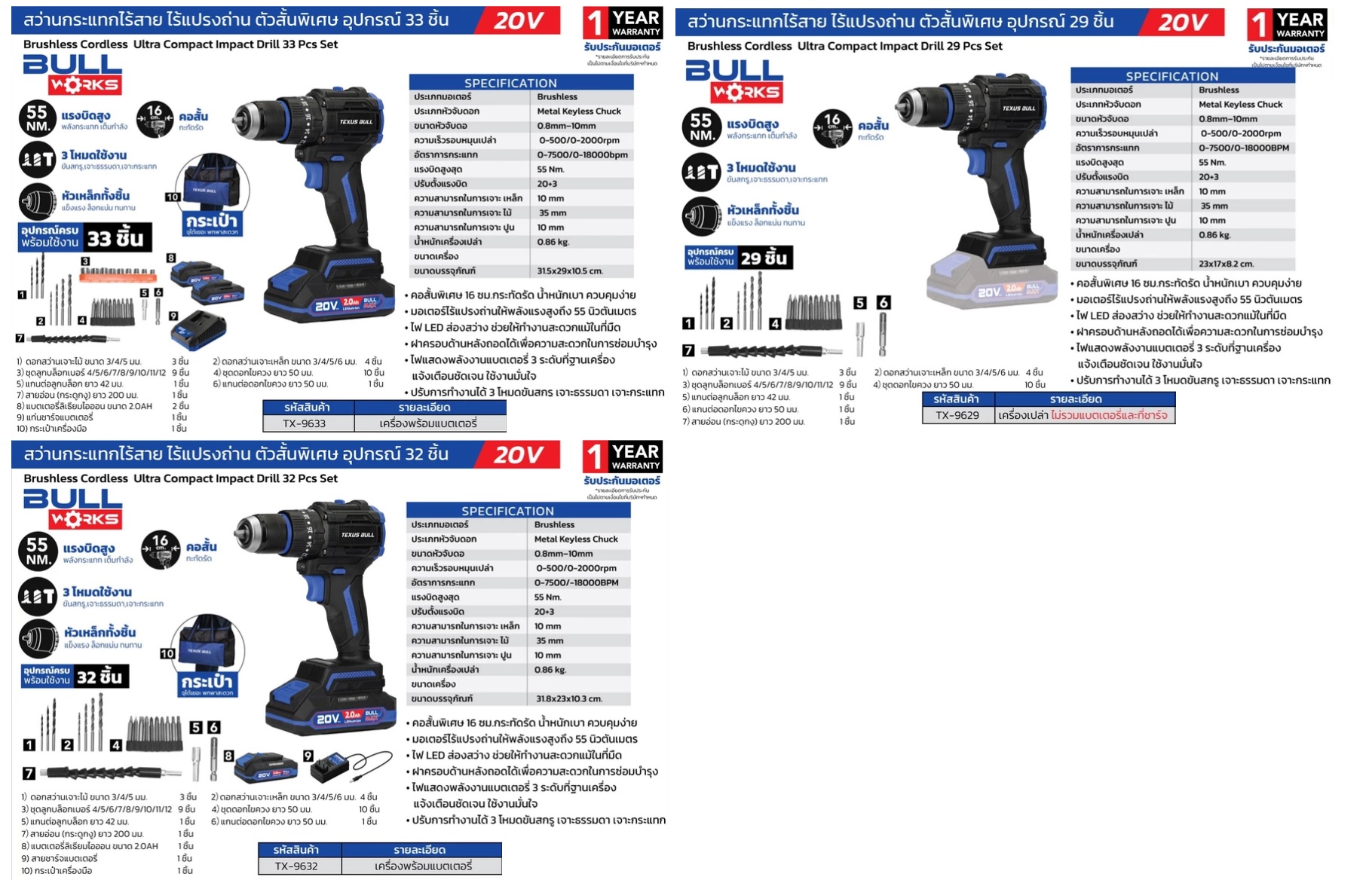 TEXUS BULL สว่านกระแทกไร้สาย คอสั้น 55Nm 20V แบตเตอรี่ 2.0Ahx1 Impact Drill TX-9632