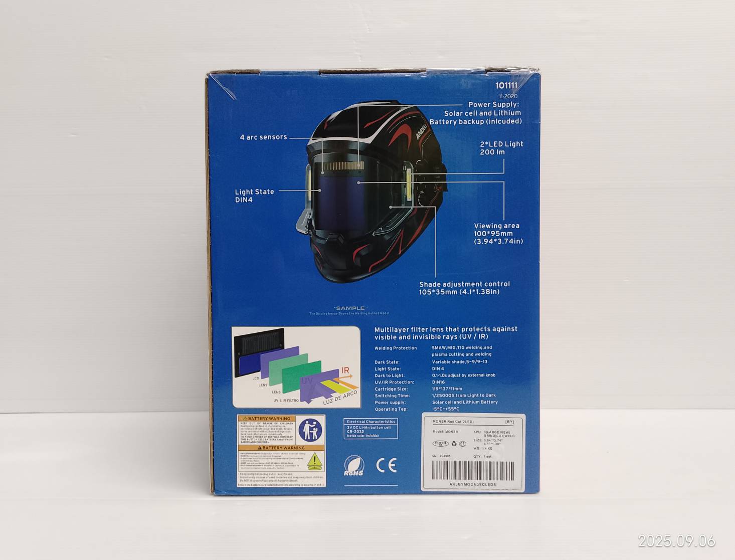 ANDELI หน้ากากเชื่อมอัตโนมัติ ให้สีจริง ปรับเฉดได้ พร้อมไฟ LED ทันสมัยแบตเตอรี่ชาร์จไฟได้ MONER-950L 142-1031