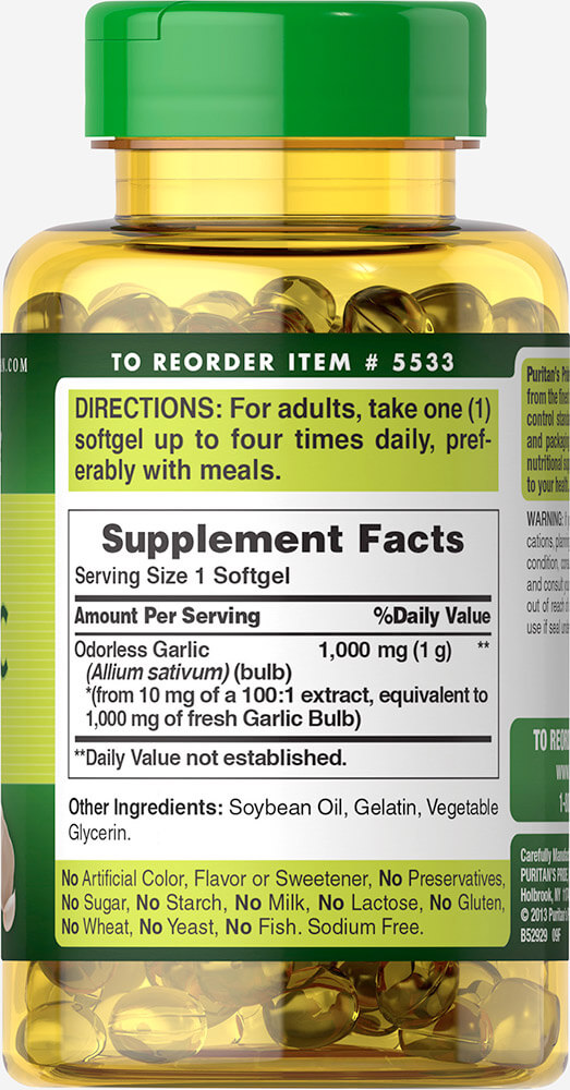 Puritan Odorless Garlic Oil 1000 mg 250 Softgels