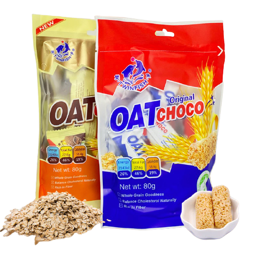 Oat Choco ขนมข้าวโอ๊ตอัดแท่ง ห่อเล็ก มี 4 รสชาติ ปริมาณ 80 กรัม เหมาะกับคนที่รักสุขภาพ อร่อย ครบรส รสนม Original ออริจินอลTwinfish ข้าวโอ๊ตอัดแท่ง ธัญพืชจากธรรมชาติ พลังงานสูง ไขมันคอเลสเตอรอลต่ำ จุ่มนมหรือจิบชากาแฟมื้อเช้า บ่าย อร่อยทุกรส