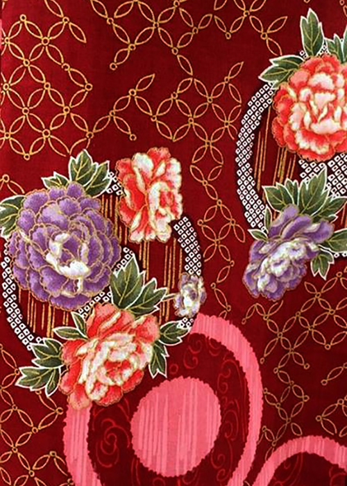 set.ยูกาตะ สีแดงลายดอกไม้โบราณ+พิมพ์ทอง