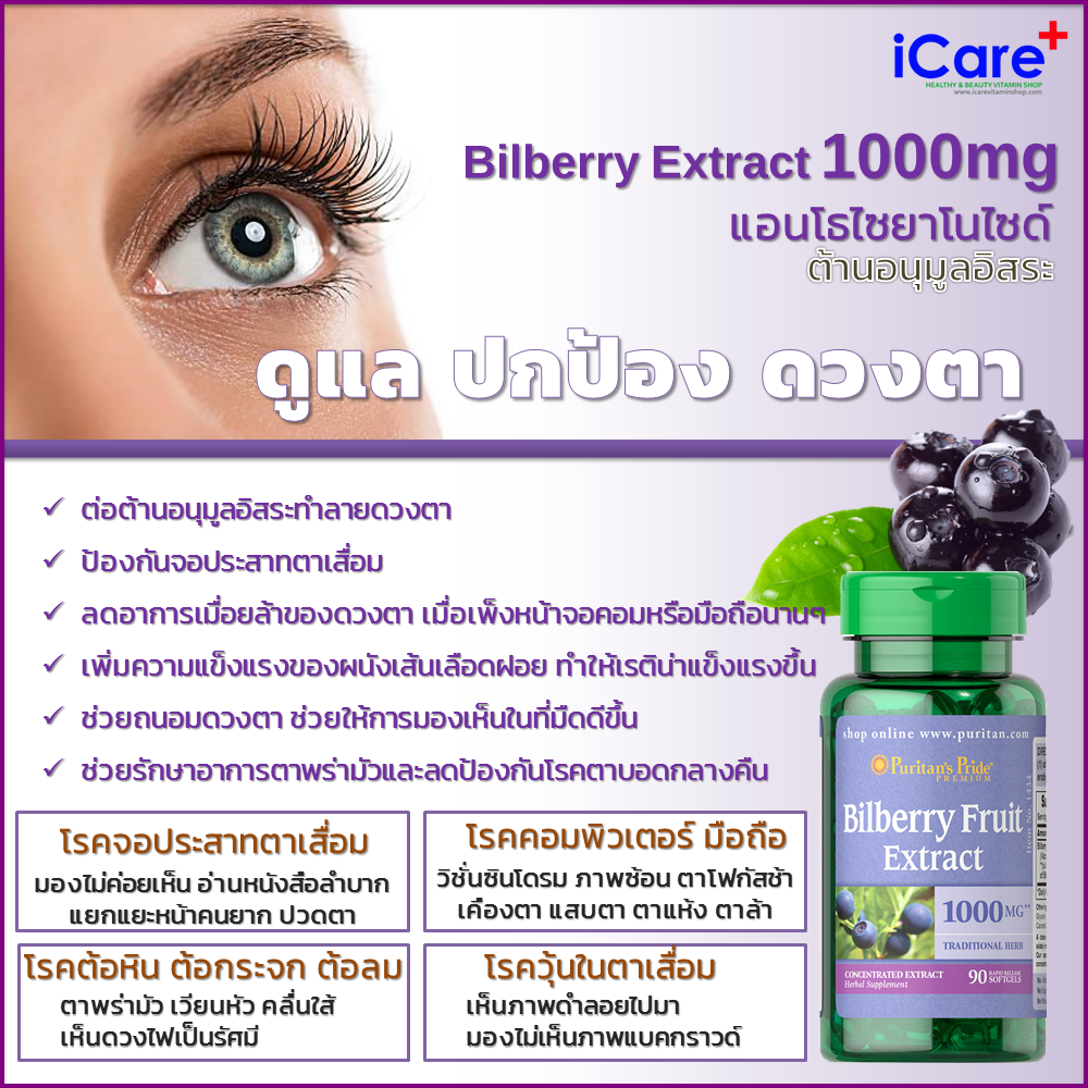 ผลิตภัณฑ์เสริมอาหาร บำรุงสา่ยตา Puritan’s Pride Bilberry 4:1 Extract 1000 mg 90 Softgels