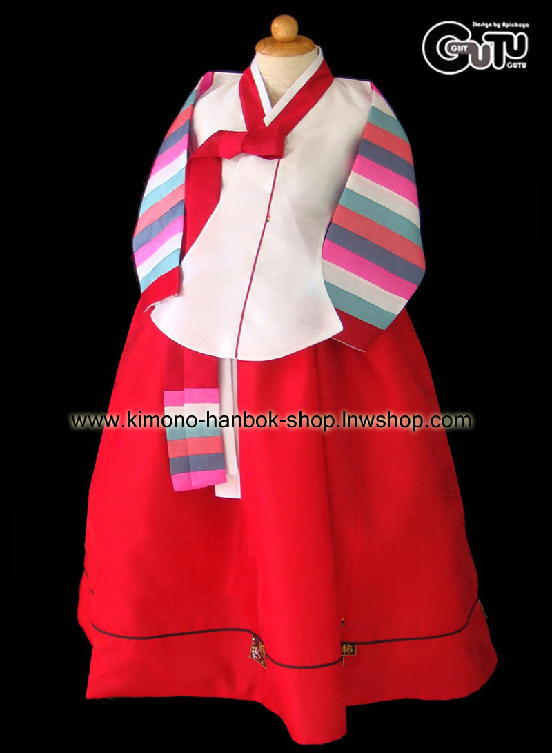 Set.ชุดฮันบกเด็กหญิง(ทังอี)+หมวก โทนสีแดง-ขาว(7-8 ปี) สูงประมาณ125-130cm