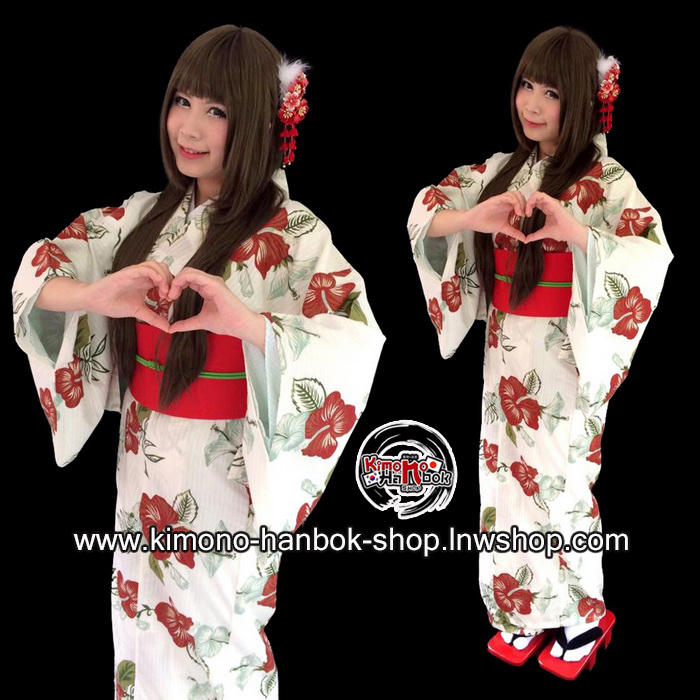 set.ยูกาตะ สีขาวครีมลายดอกชบาสีแดง *เหลือชุดสุดท้ายมีตำหนิ ลดราคาพิเศษ