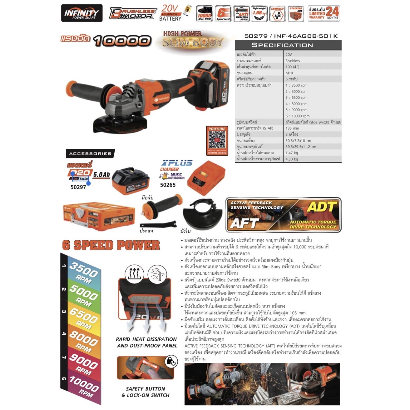 หินเจียร4" ไร้สาย INF-46AGCB-501K 50279 มอเตอร์ไร้แปรงถ่าน