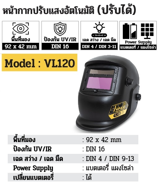 หน้ากากปรับแสงอัตโนมัติ พื้นที่มอง90X30มม. VL120 VALU