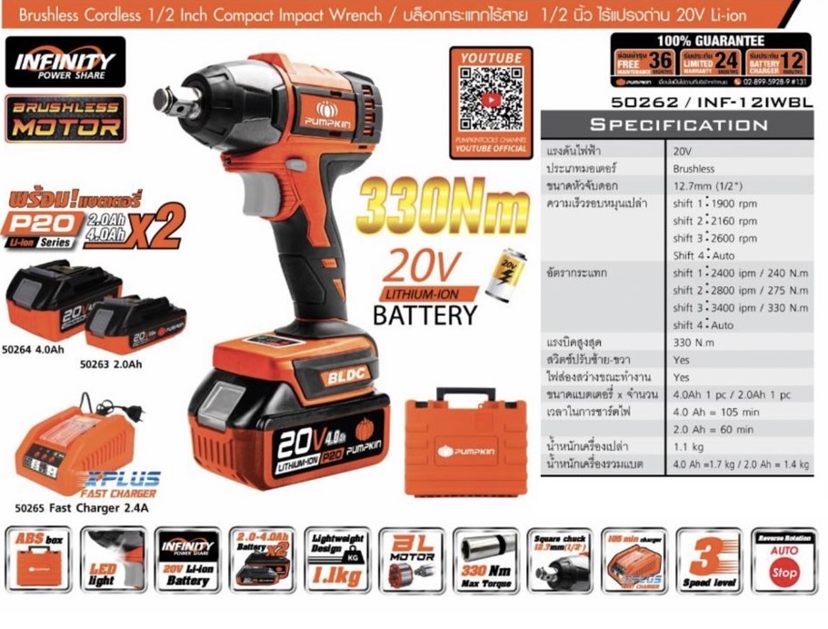บล็อกแบต330Nm. 1/2 20V INF-12IWBL PUMPKIN 50262