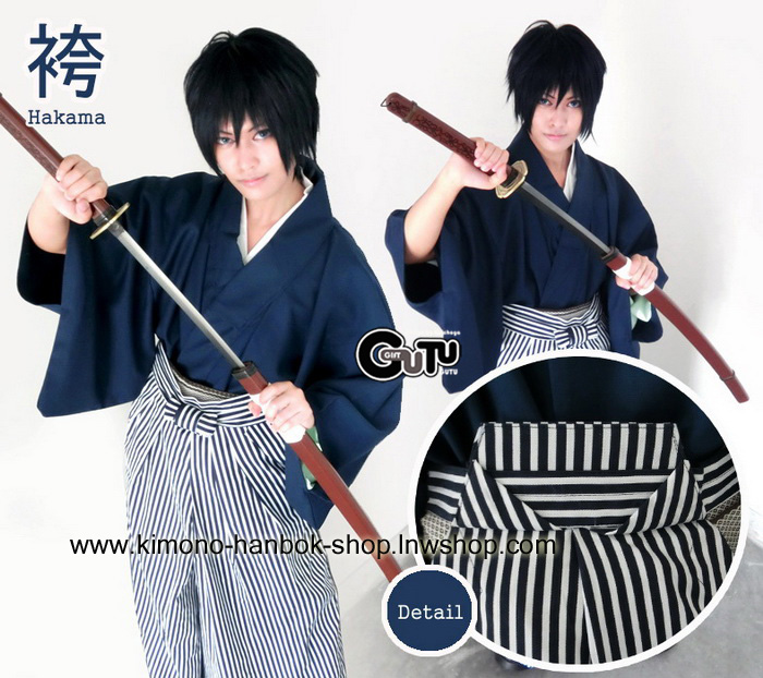 Set. กิโมโน(หน้าร้อน)ชาย+ฮากามะ สีขาว-น้ำเงิน